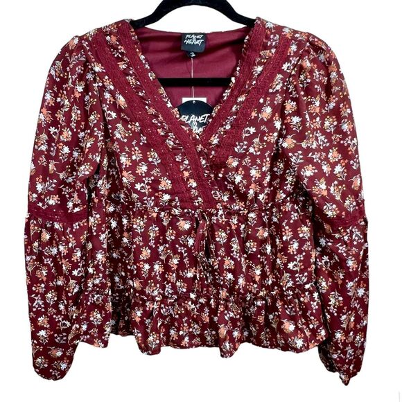 Planet Heart Juniors' Crochet-Trimmed Surplice Tiered Top Windsor Wine size S - Picture 1 of 16